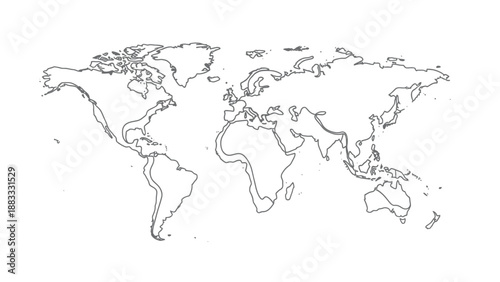 A minimalist outline of the world map with continents and oceans, simple gray lines