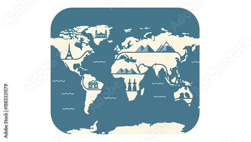 Stylized map with world landmarks, enclosed within rounded rectangle