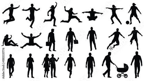 Collection of black human silhouettes in various poses and actions isolated on white background
