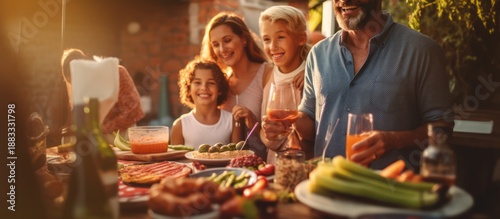 Multi-generational family enjoying a summer barbecue outdoors at sunset.