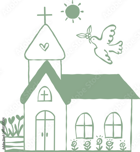 Kirche mit Taube. Symbole für Taufe und Erstkommunion,der Glaube an Gott, Christen, Einladung zur Konfirmation, Firmunf, Taufe, Heirat, vektor, isoliert.