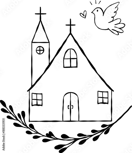 Kirche mit Taube. Symbole für Taufe und Erstkommunion,der Glaube an Gott, Christen, Einladung zur Konfirmation, Firmunf, Taufe, Heirat, vektor, isoliert.