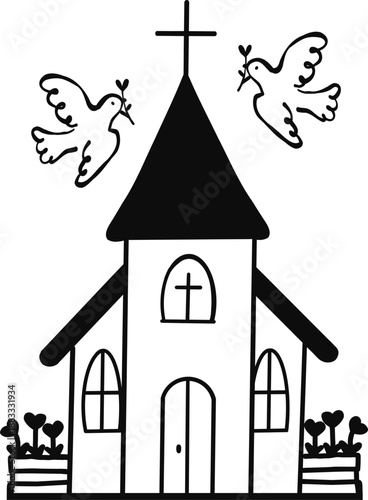 Kirche mit Taube. Symbole für Taufe und Erstkommunion,der Glaube an Gott, Christen, Einladung zur Konfirmation, Firmunf, Taufe, Heirat, vektor, isoliert.