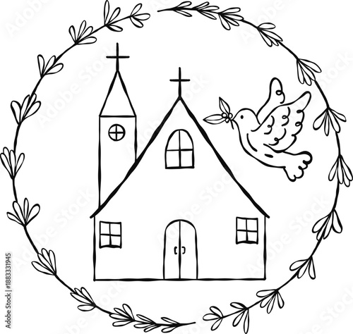Kirche mit Taube. Symbole für Taufe und Erstkommunion,der Glaube an Gott, Christen, Einladung zur Konfirmation, Firmunf, Taufe, Heirat, vektor, isoliert.