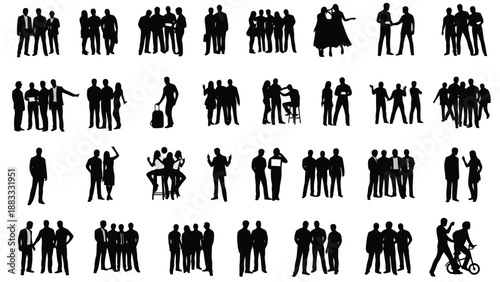 Collection of various black silhouettes of people in different poses and interactions isolated on white background