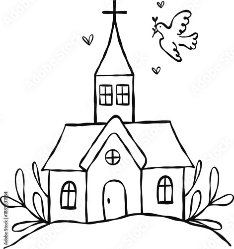 Kirche mit Taube. Symbole für Taufe und Erstkommunion,der Glaube an Gott, Christen, Einladung zur Konfirmation, Firmunf, Taufe, Heirat, vektor, isoliert.