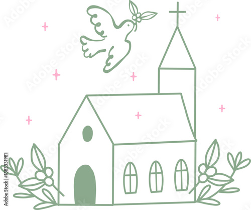 Kirche mit Taube. Symbole für Taufe und Erstkommunion,der Glaube an Gott, Christen, Einladung zur Konfirmation, Firmunf, Taufe, Heirat, vektor, isoliert.