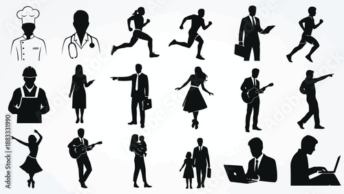 Collection of black silhouettes depicting various people professions and activities isolated on white background