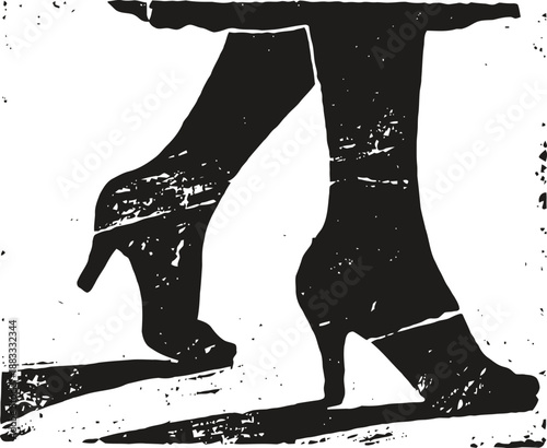 black and white illustration of woman wearing high heel shoes walking