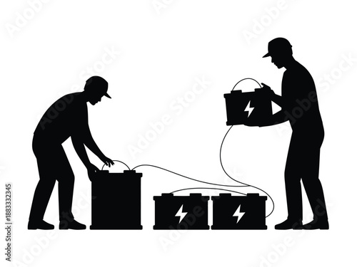 Workers handling electrical equipment isolated on white background, Vector, illustration
