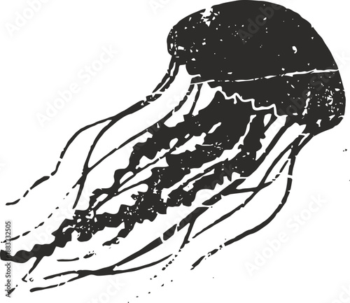 jellyfish silhouette with flowing tentacles in black and white design, marine life illustration