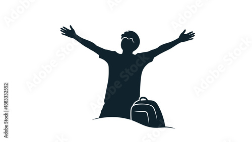 Silhouette of a man with arms outstretched and a backpack on the ground beside him isolated on white background