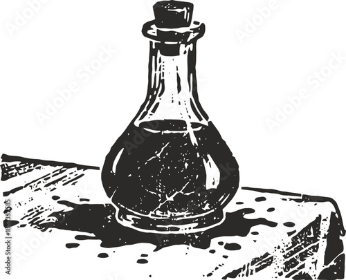 Glass bottle with liquid and cork stopper on wooden surface, vintage black and white illustration