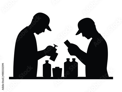Two men examining bottles isolated on white background, Vector, illustration