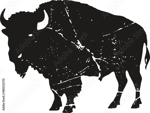 Silhouette of a bison facing left with textured rough grunge effect design