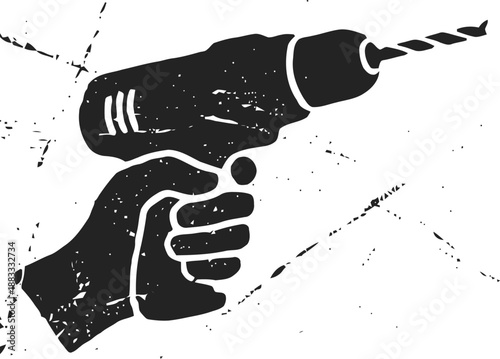 Hand holding a drill tool, black silhouette with rough texture, construction and repair concept