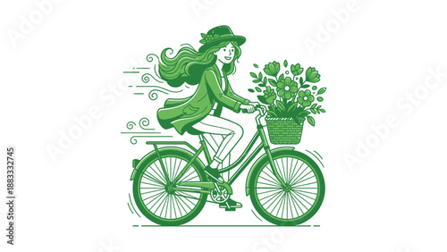 Woman rides bicycle with flowers, green theme, spring vibes, nature, outdoors, happy.