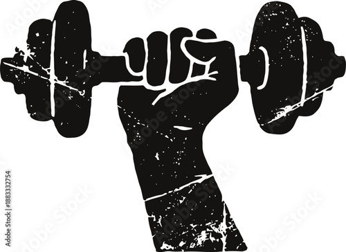 Hand holding dumbbell with distressed texture fitness strength workout and gym training concept