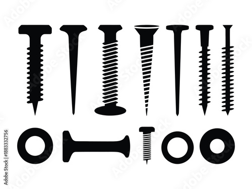 Various types of screws and bolts isolated on white background, Vector, illustration