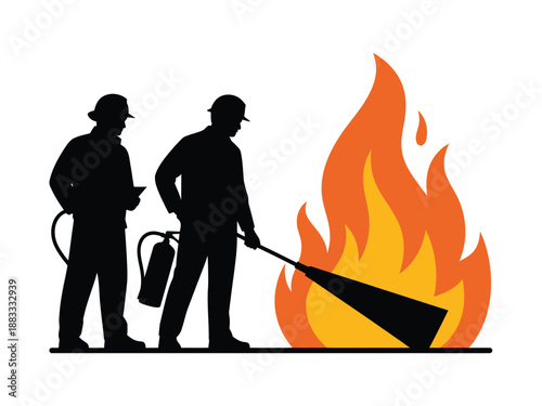 Firefighters extinguishing a flame isolated on white background, Vector, illustration