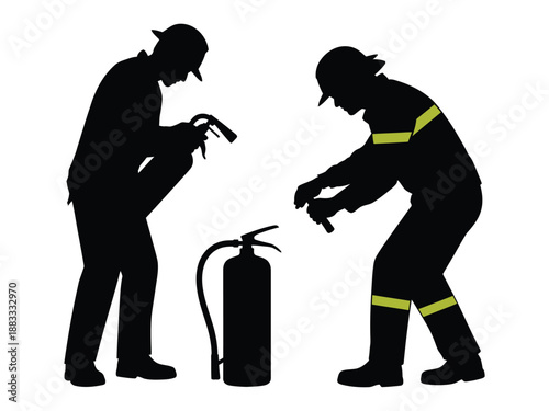 Firefighters inspecting equipment isolated on white background, Vector, illustration
