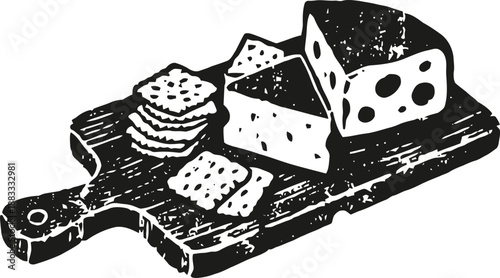 Cheese and crackers on wooden serving board with slice piece and round crackers