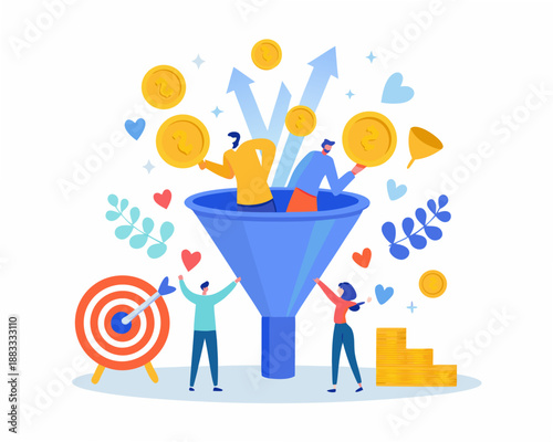 funnel illustration depicting growth money and marketing strategies with happy people
