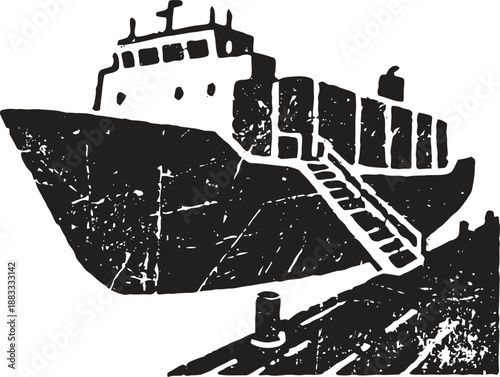 Cargo ship docked at port with gangway ladder and mooring bollard silhouette