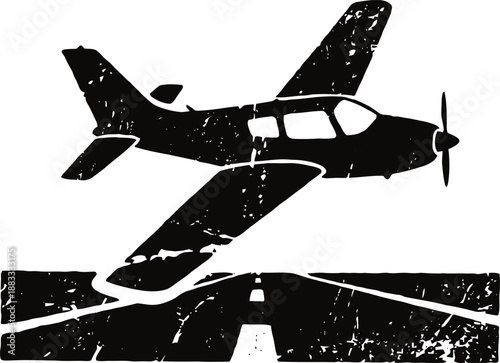 Small airplane taking off from runway silhouette with distressed texture, aviation concept