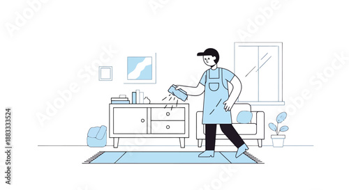 Person Dusting Furniture in a Room with a Couch and Window Scene for Home Cleaning and Maintenance Services Concepts