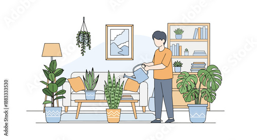 Man Watering Indoor Plants Living Room Scene Peaceful Home Environment Decor Greenery Care