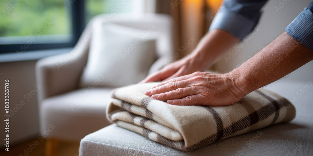 Obraz premium Close-up of hands neatly folding a soft plaid blanket on a cushioned ottoman in a cozy living room with an armchair and window in the background