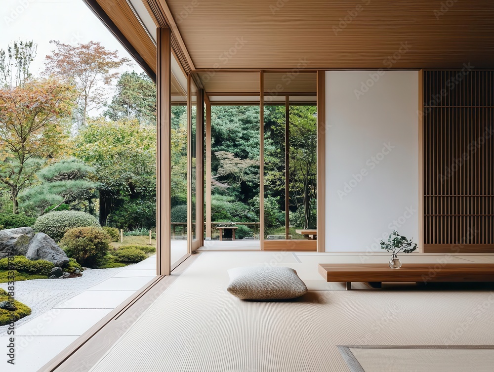 Fototapeta premium Minimalist Japanese house with earthy color palettes, handcrafted wood, and a perfectly balanced design