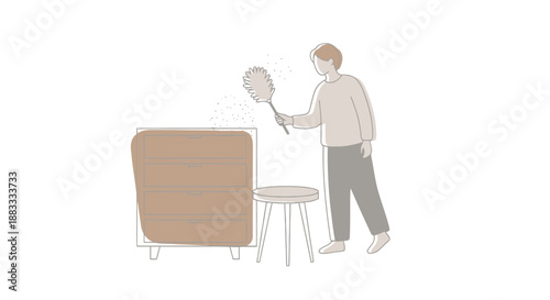 Person dusting furniture and small table in a minimalist home setting clean interior hygiene upkeep concept
