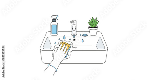Hand wearing glove cleaning white ceramic sink basin with yellow sponge and cleaning spray bottle near faucet and potted plant home hygiene concept