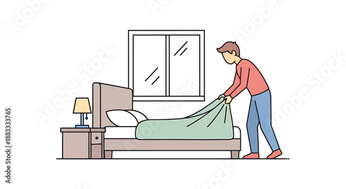 Man Making Bed Tidying Bedroom Morning Routine Simple Domestic Chore Household Task Everyday Life Interior Scene Casual Activity Personal Care