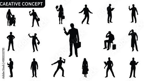 Collection of business people in various poses in black silhouettes isolated on white background