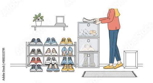 Person organizing footwear in modern storage units alongside rack display showing variety of shoes for home organization and neatness visual concept