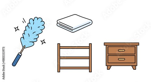 Household Cleaning Supplies And Furniture Items For Home Organization And Tidiness Concepts