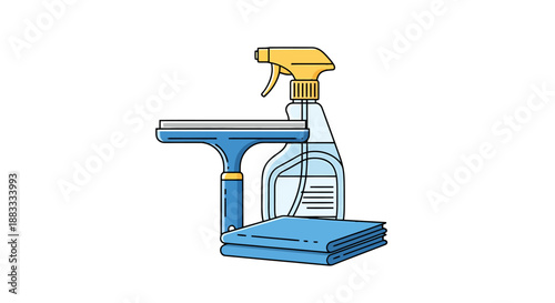 Household Cleaning Supplies Including Squeegee Spray Bottle And Microfiber Cloths For Window Washing And Surface Care And Hygiene