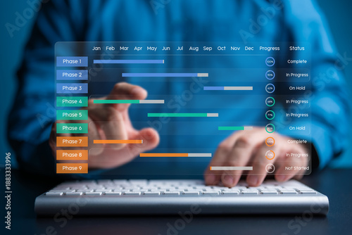 Person using a keyboard to update a virtual glass effect Gantt chart showing project phases and progress. Focus on operational efficiency, scheduling, and professional project management technology.