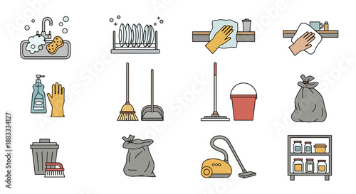 Household Chores And Cleaning Supplies Icons Representing Home Sanitation And Tidiness Tasks For Domestic Maintenance