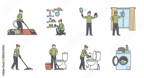 Home Cleaning Activities Showing Vacuuming Mopping Dusting Laundry and Toilet Scrubbing Concepts for Hygiene and Tidiness