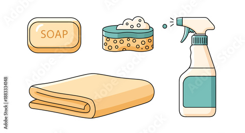 Cleaning Supplies Arrangement With Spray Bottle Soap Sponge And Folded Towel For Household Chores And Hygiene