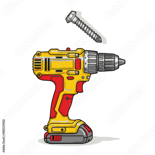 Yellow and red cordless drill with a silver screw, ready for construction tasks.