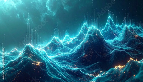 Abstract digital landscape with glowing blue peaks and data streams under a dark, cloudy sky, evoking a futuristic technological world.