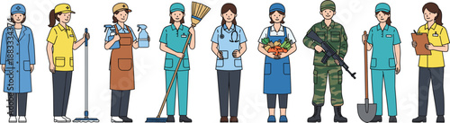 Essential workers profession illustration set showing healthcare, cleaning, retail, military, and service jobs represented as diverse characters in flat vector style