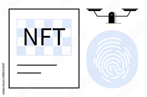 Digital ownership, NFT authentication, blockchain security, online privacy, justice, intellectual property. Visual elements include NFT text, scales and fingerprint. Digital ownership and NFT