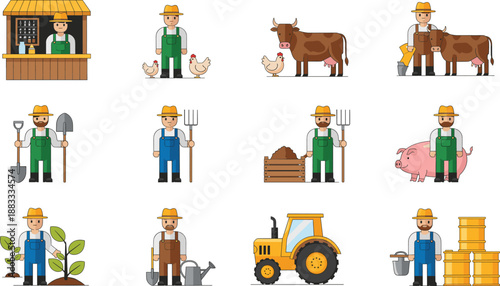 Farmer and agriculture icon set showing farming activities, livestock care, tools, crops, tractor, and rural life in flat vector style