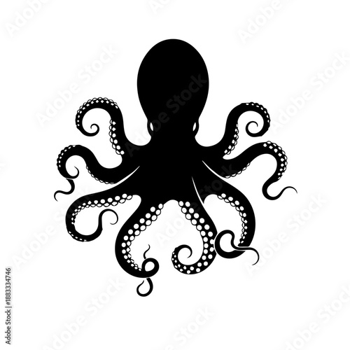 A striking black silhouette of an octopus with its tentacles spread wide, showcasing its suckers.
